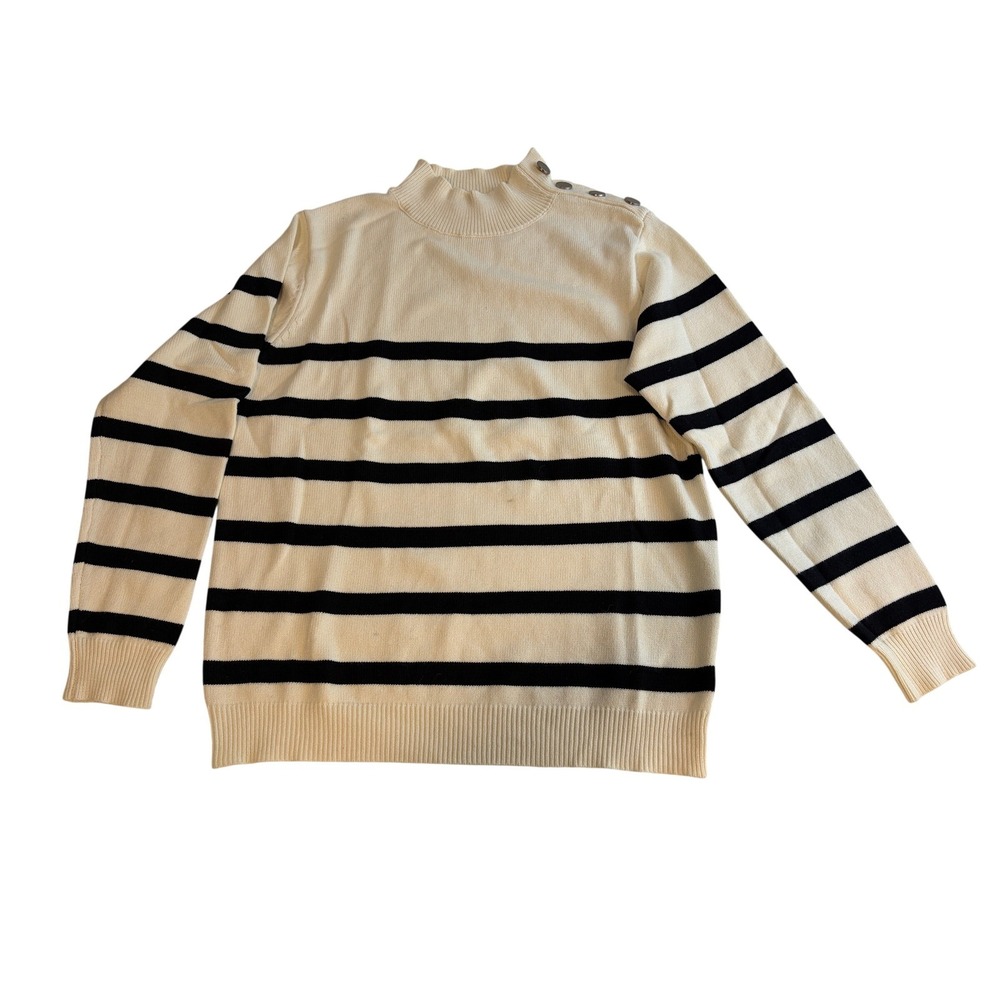 KIRUNDO Women's White & Black Striped Mock Neck Sweater W/ Button Shoulder